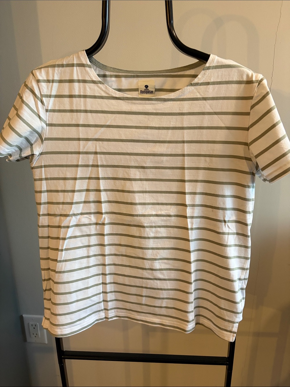 Casual Striped Crewneck Tee - White and Sage by Mousqueton (FR)